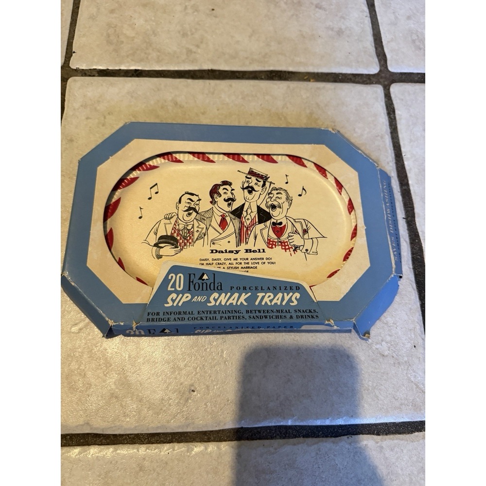 vintage "Fonda Porcelainized Sip and Snack Trays "Daisy Bell" parlor singers